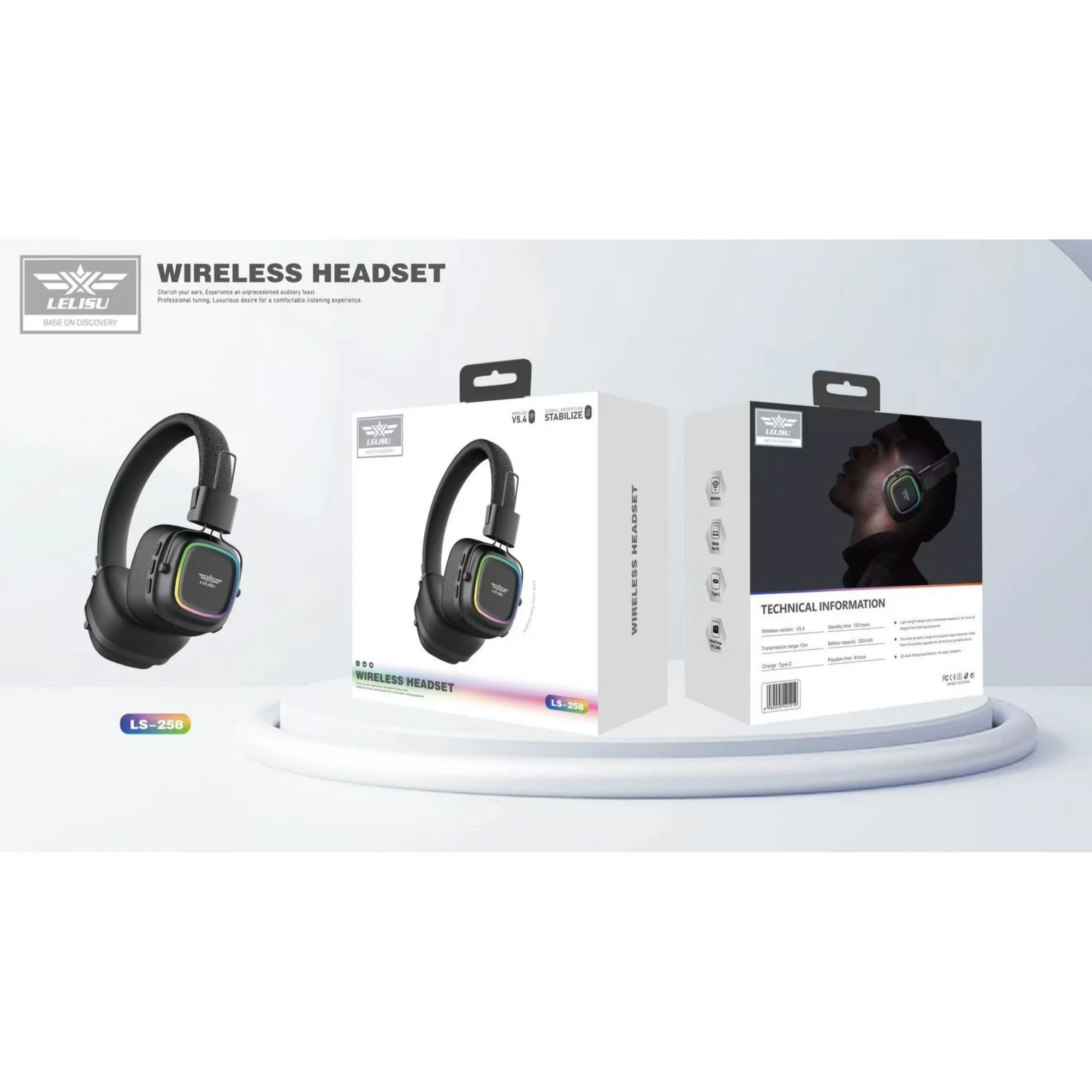 Lelisu LS-258 Wireless Stereo Headphones | Bluetooth 5.4 Over-Ear Headset with Type-C Charging & LED Lights - Image 3