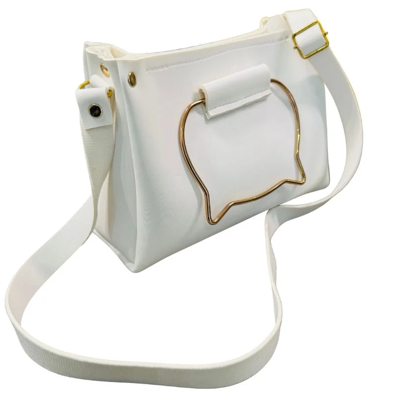 White Elegant Cat Handle Handbag for Girls & Ladies | Stylish Shoulder & Crossbody Bag with Gold Accents | Adjustable Strap - Image 3